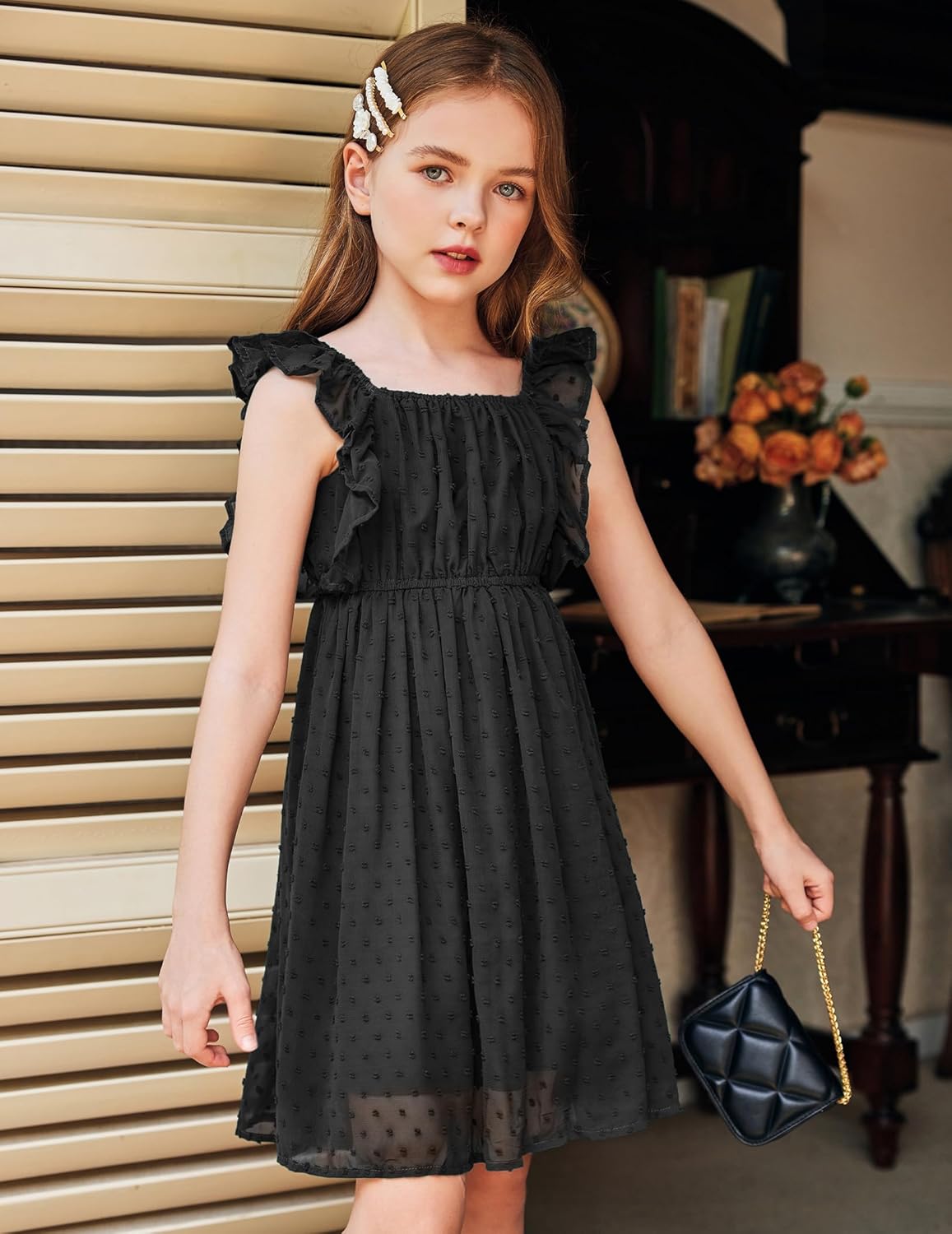 Girls' Flutter Sleeve Swiss Dot A-Line Dress