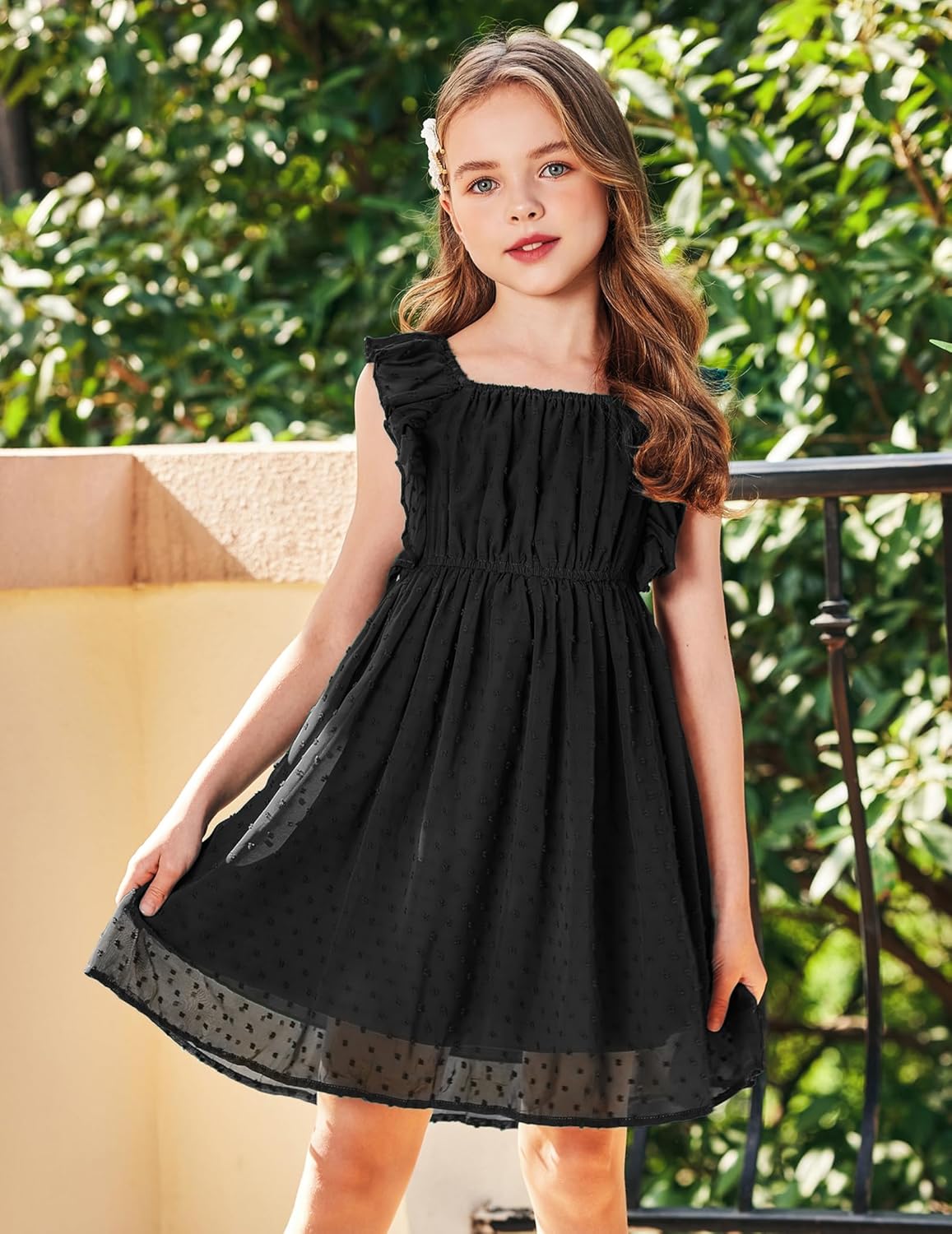 Girls' Flutter Sleeve Swiss Dot A-Line Dress