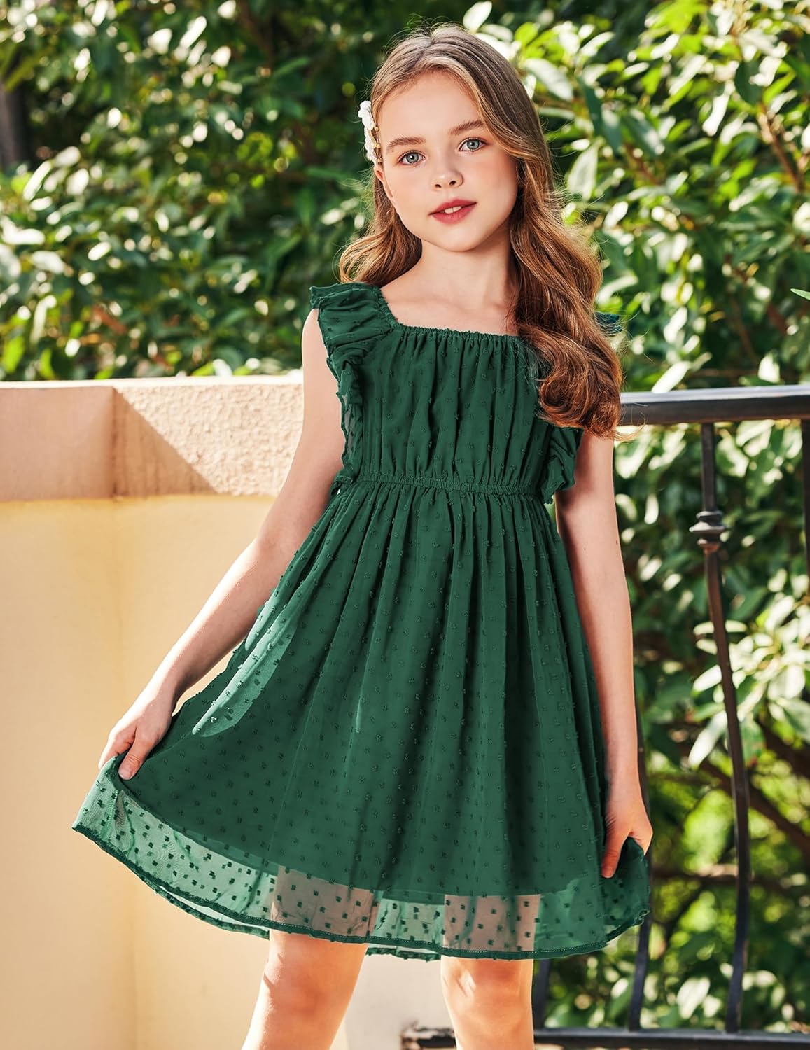 Girls' Flutter Sleeve Swiss Dot A-Line Dress