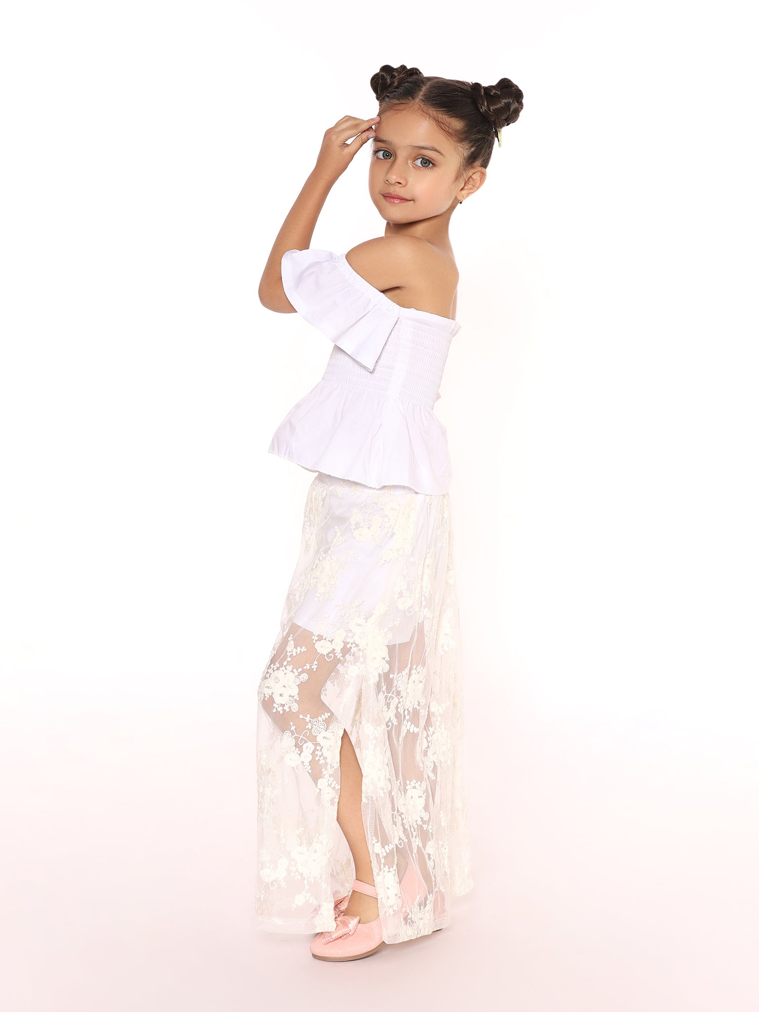 White net skirt top cute dress and off shoulder dress kids side 