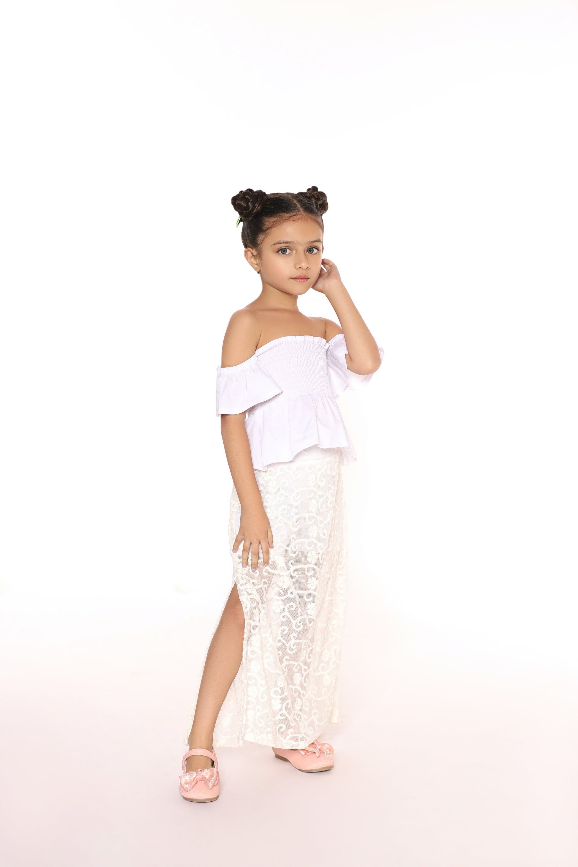 White net skirt top cute dress and off shoulder dress kids side 