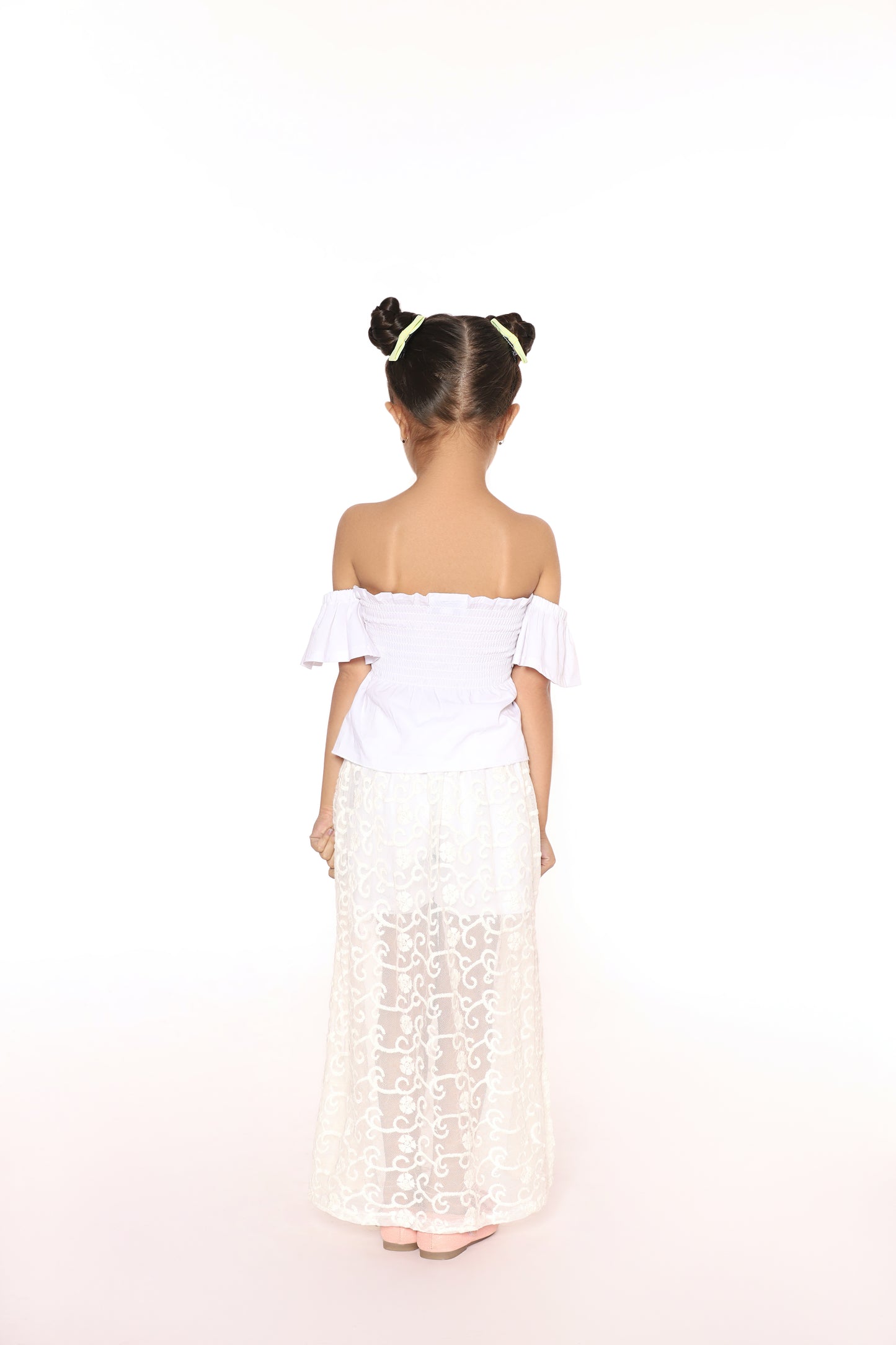 White net skirt top cute dress and off shoulder dress kids back 