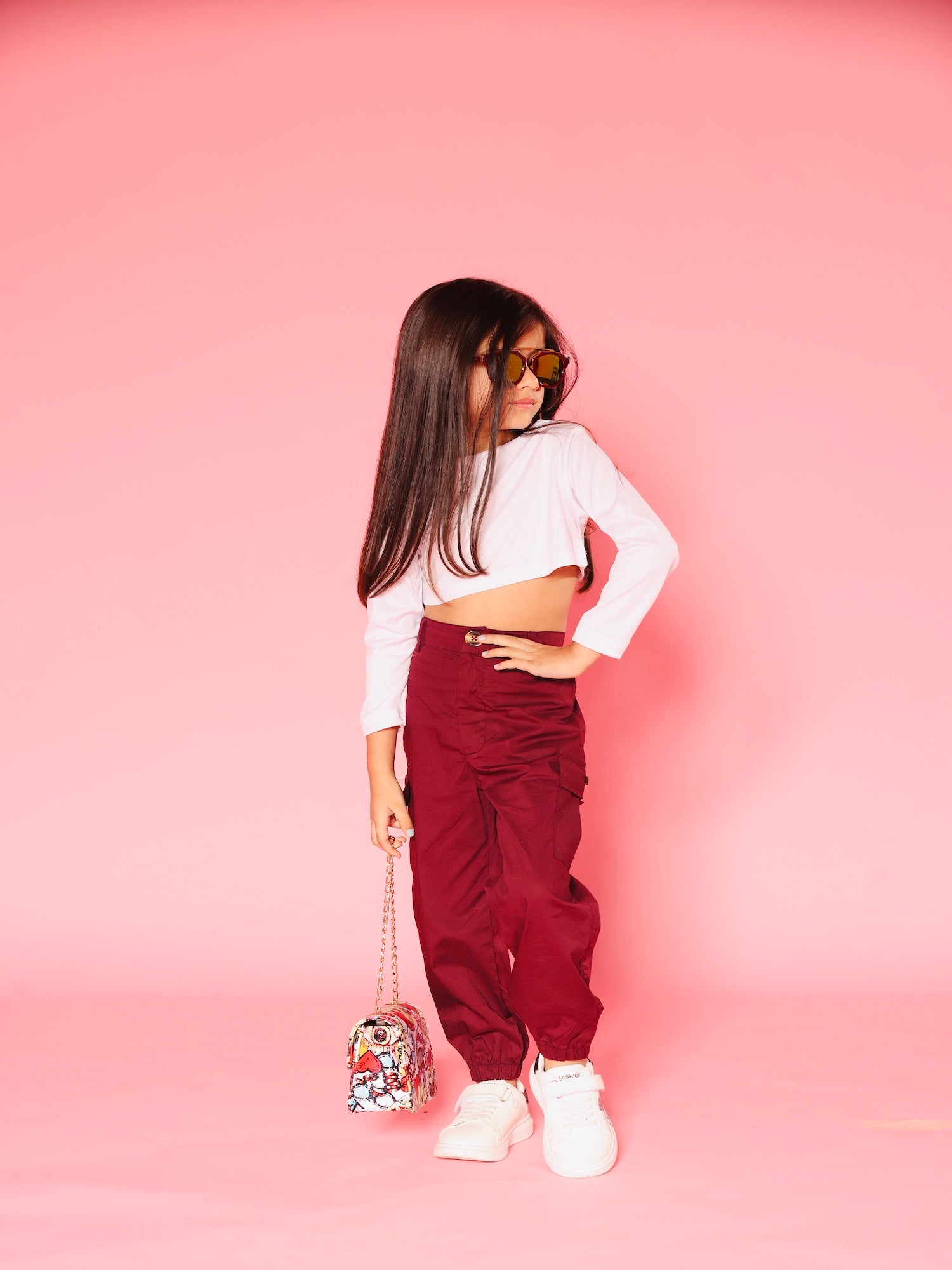 Pink top and maroon cargo pants beautiful colour and branded cloths front 