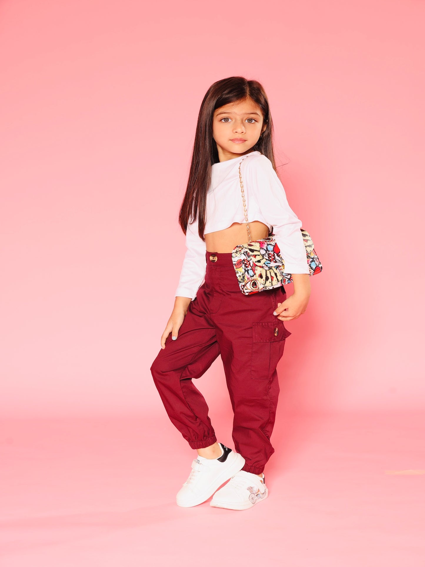 Pink top and maroon cargo pants beautiful colour and branded cloths