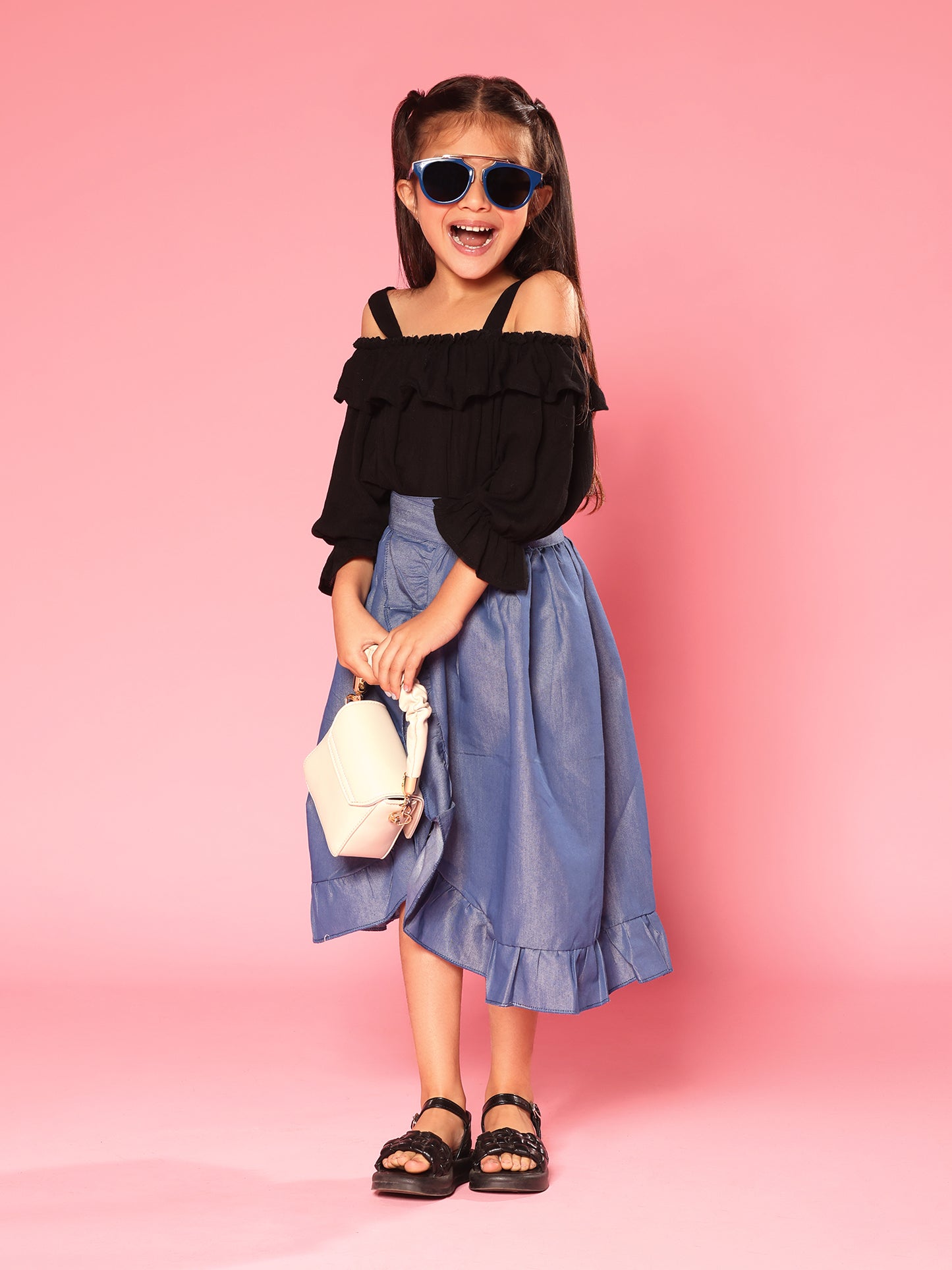 Girl dress Black Top and Blue Skirt look 