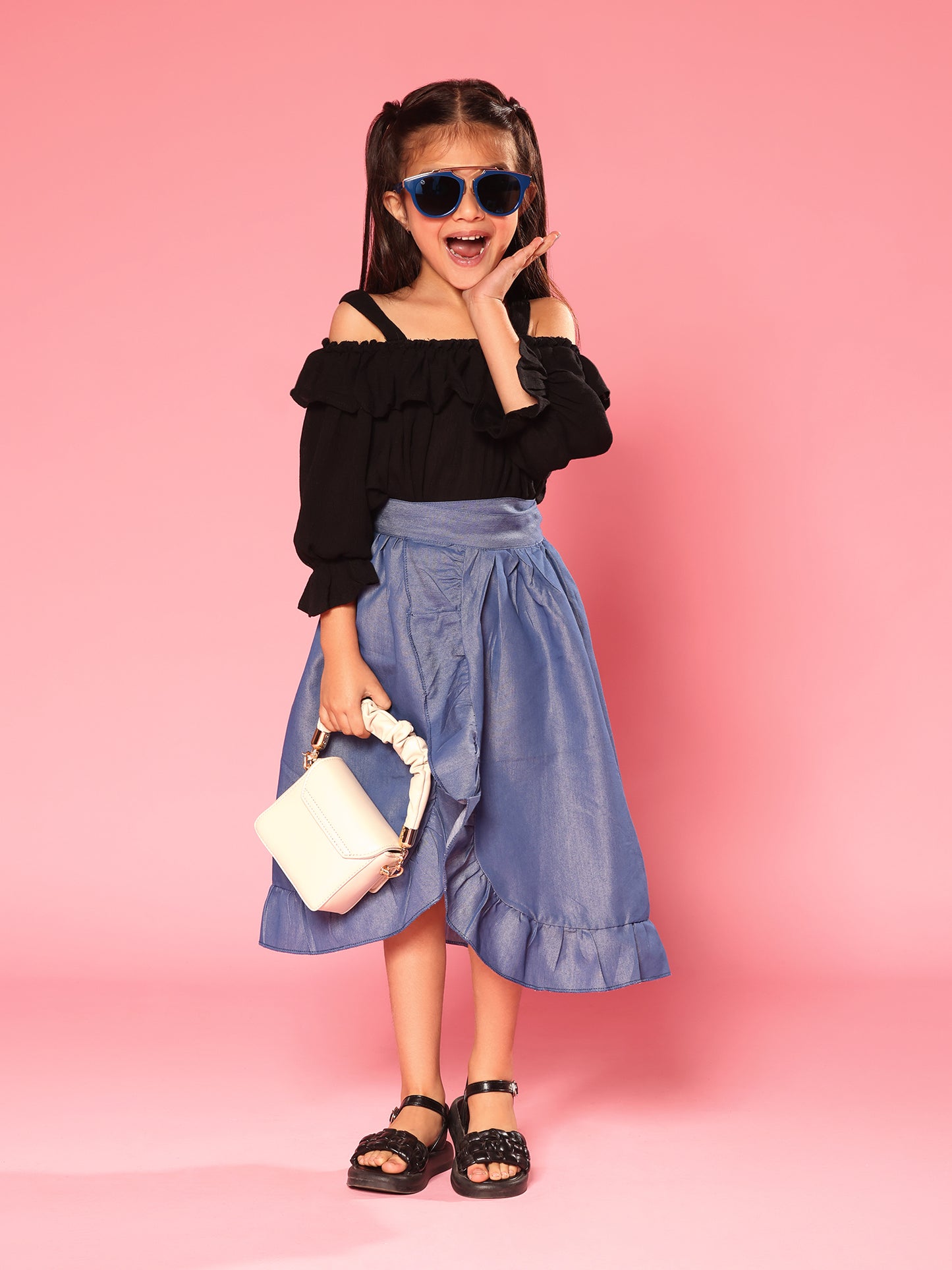 Girl dress Black Top and Blue Skirt look